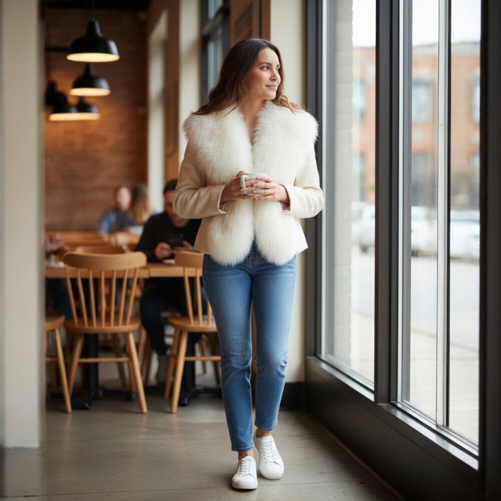 Women's Fur Fox Sweater Jacket Designer Wool Ivory Long Sleeves Sweater Med